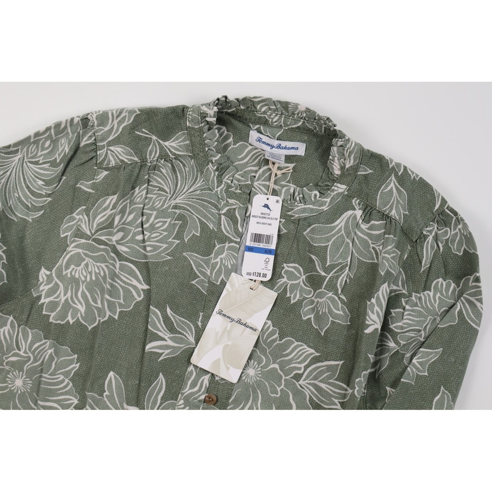 Tommy Bahama Breezy Blooms 3/4 Slv Top Dusty Sage Floral XL Linen NWT $128 - Picture 3 of 6